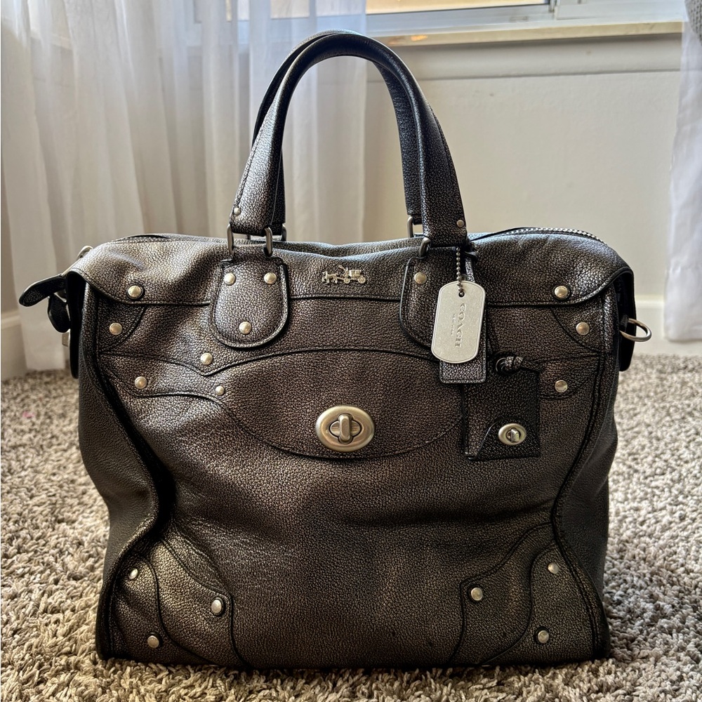 🚫SOLD🚫 Coach Rhyder Satchel Leather Purse Large Metallic Gray Leather Turnlock